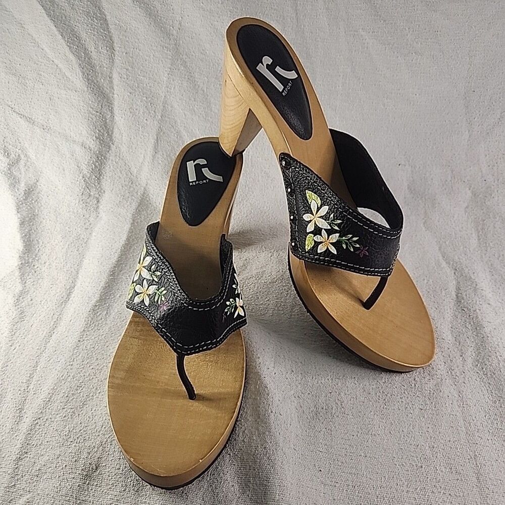 Shoes Report Hulala Wooden Platform Sole and Heel And Floral Design Sandals Sz 9